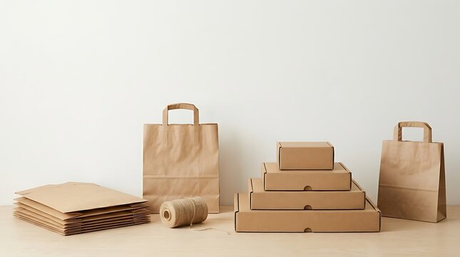 Brown paper bags and cardboard boxes on a table for packaging and shipping solutions
