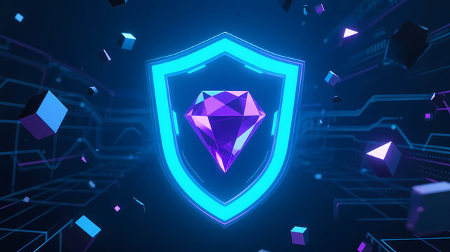 Blue neon shield with purple gem in cyber space