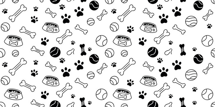 Pet care seamless pattern background vector illustration featuring cute doodle dog bones, food bowls, balls, and paw prints.