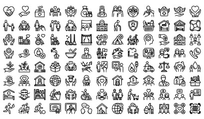 Obraz premium Premium Human Care and Charity Outline Icons Set with Volunteering and Social Help Symbols