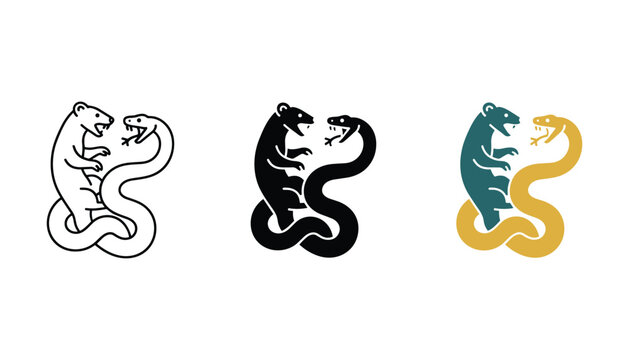Stylized mongoose and snake fighting icon set featuring minimalist vector silhouettes and outline designs for nature or conflict branding