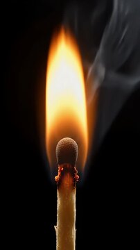 Close-up of Burning Match Flame on Dark Background - A single matchstick is ablaze with a bright orange and yellow flame against a deep black background.