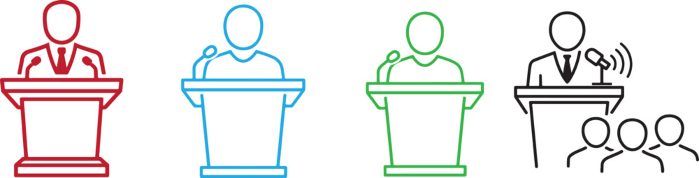 Public speaking podium presenter icon set for business conference lecture and speech events.