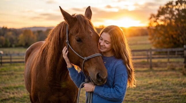 Woman cuddling brown horse during golden sunset at farm