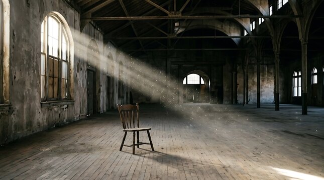 Old wooden chair sitting alone in an empty abandoned industrial warehouse with bright sunlight beams shining through windows