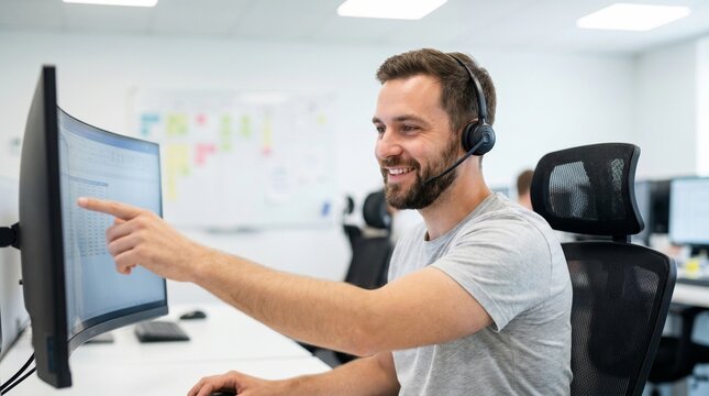 Man customer service representative wearing headset pointing at computer screen in office. Support agent working at desk.