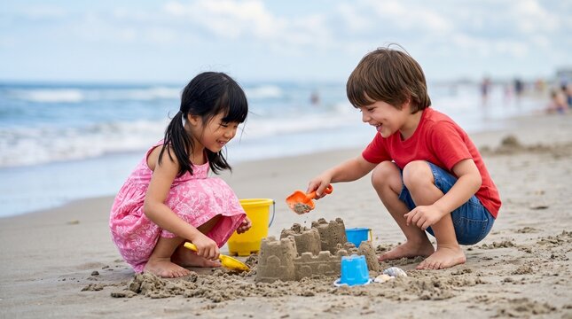 Asian little girl and Caucasian boy digging in sand at beach. Happy children building sandcastle with shovel and bucket. Summer vacation, childhood activity and leisure concept.