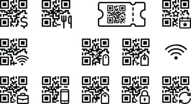 Black qr code icons with various symbols