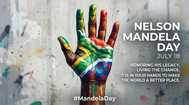 Nelson Mandela Day Vector Illustration with South African Flag Painted Hand, July 18 International Day Banner, Freedom and Human Rights Concept Poster