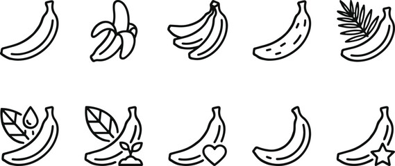Black and white banana icons with leaves and symbols © MUKTARANI