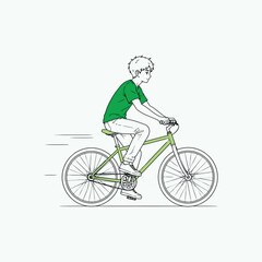 Fototapeta premium Young Man in a Green T shirt Enjoying a Bicycle Ride, Depicted in a Clean Line Art Illustration Style
