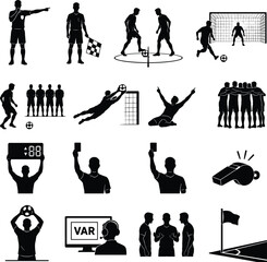 Football Soccer Silhouette Icon Set Featuring Referee Actions, VAR Technology, Player Celebrations, Goal Saves, and Match Officials for Sports Branding and Vector Graphics. © MD FARID