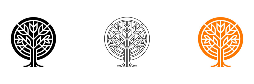 Tree of life symbol variations black outline and orange designs for branding and spiritual art