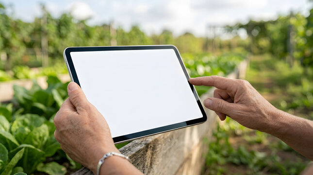 Farmer checking tablet with blank screen for crop monitoring or IoT sensor dashboard in organic farm
