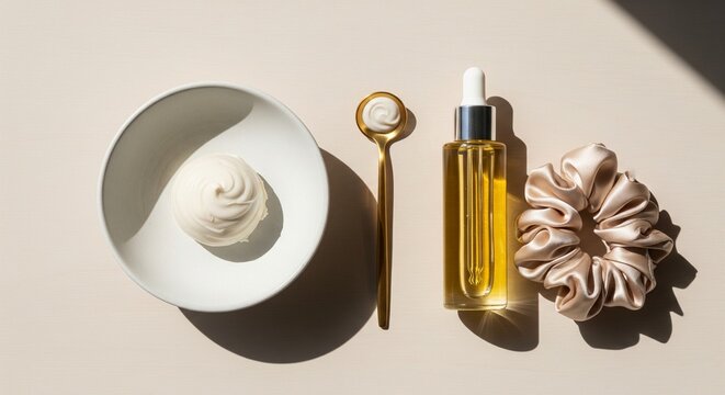 Overhead view of organic skincare products with hard shadows, featuring a face cream bowl, gold spoon, dropper bottle with yellow serum, and a silk scrunchie on a beige background