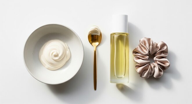 Flat lay of beauty and hair care products including a white bowl with cream, a gold spoon, an oil bottle, and a satin hair scrunchie on a white background.
