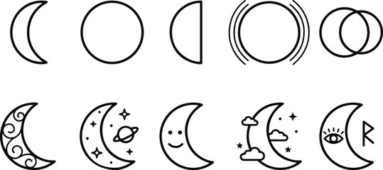 Moon phases icons set with crescent and full moon © MUKTARANI