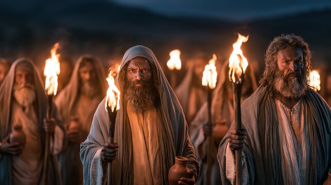 Gideon leads his three hundred men with torches and clay jars overlooking the midianite camp before a miraculous victory.