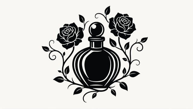 black silhouette of perfume bottle with roses and leaves