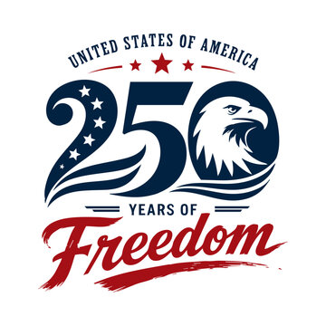 Patriotic USA 250 Years of Freedom Design with Eagle Mountain and Stars on White Background