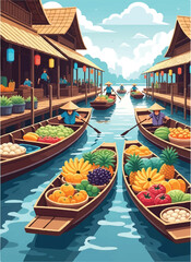 Obraz premium Explore a vibrant aquatic marketplace brimming with colorful fruits and vegetables where vendors in conical hats paddle their laden watercraft along a tranquil canal lined with traditional