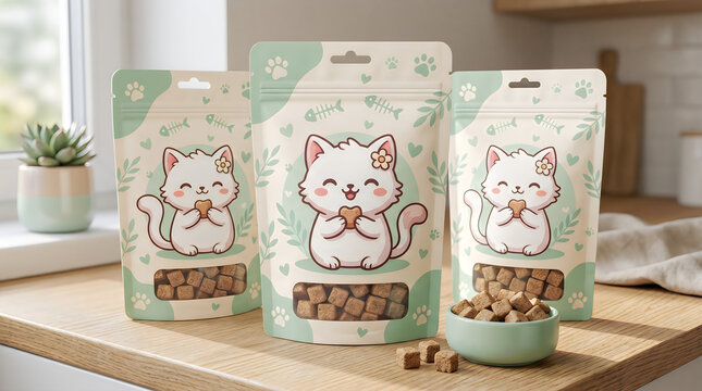Three adorable white cat food packages on a wooden kitchen countertop with a bowl of treats