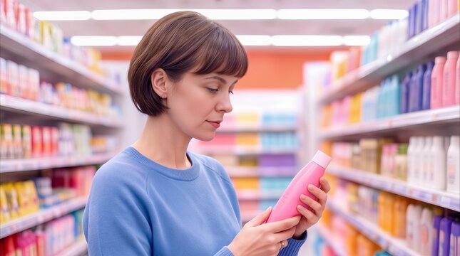 Customer reading label on shampoo bottle in supermarket aisle. Woman comparing beauty products and checking ingredients in retail store.