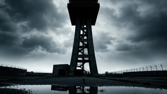Dramatic wide-angle shot of a derelict concrete control tower silhouetted against a stormy sky, reflection in a puddle