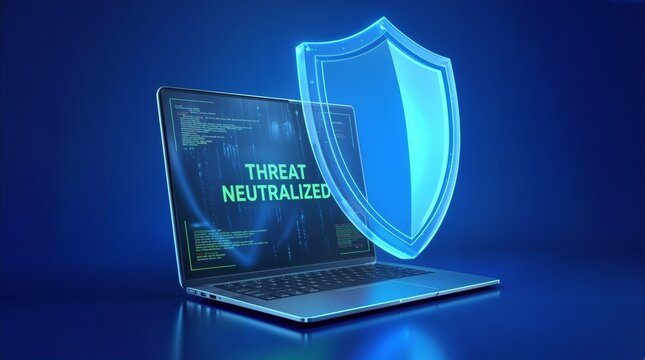 Cybersecurity shield protecting laptop with threat neutralized message on screen. Digital data protection and network security concept.