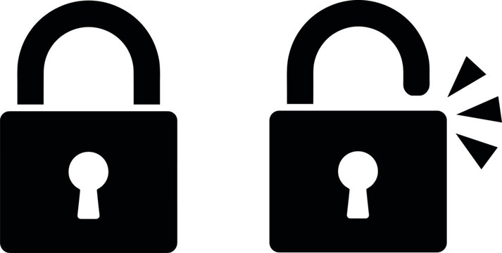 Padlock silhouette vector set featuring a secure locked padlock and an open broken lock with a spark icon for cybersecurity.