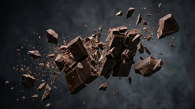 Dark chocolate bar exploding into pieces with crumbs scattering against black background high-speed photography capturing sweet confectionery treat in motion.