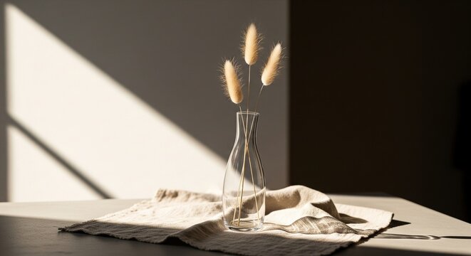 Three fluffy dried lagurus grass stems stand in a simple transparent glass vase placed on a crumpled linen tablecloth