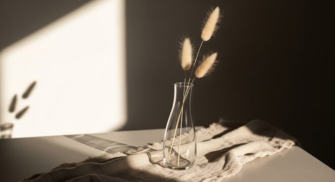 A delicate clear glass bottle vase holding three fluffy white bunny tail grass stems on a beige linen fabric cloth under a dramatic bright streak of light casting sharp shadows on a dark wall
