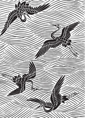 Fototapeta premium Traditional Japanese pattern with cranes flying over waves vector