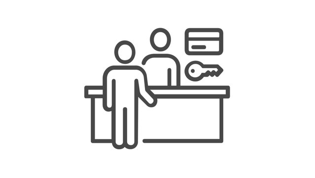 Minimalist clean flat vector line icon of a hotel front desk counter, useful for hospitality branding, lobby wayfinding, and reservation screens.