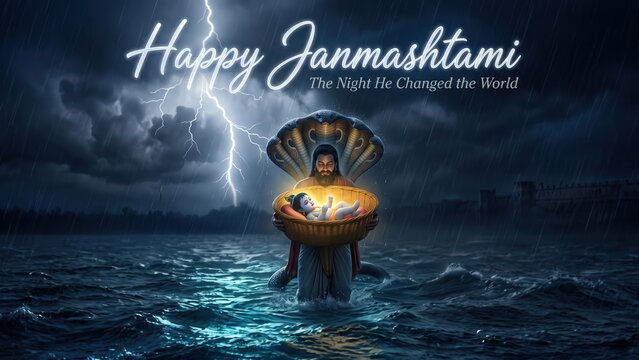 Baby Krishna Crossing Yamuna &ndash; Divine Janmashtami Night Festival Poster