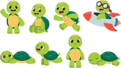 Obraz premium Comprehensive set of cute green turtle characters showing happy emotions in active poses like flying a rocket on white background
