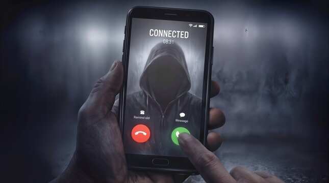 Smartphone screen showing incoming call from hooded anonymous figure. Cybercrime and digital security threat concept.