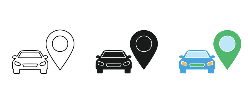Car location pin icons with different vehicle styles and map markers