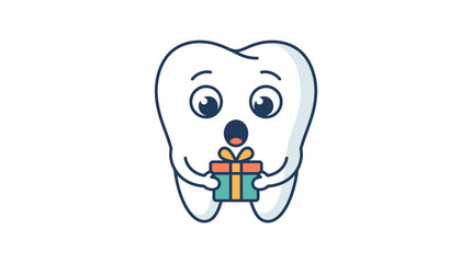 Fototapeta premium Cute Cartoon Tooth Character Holding a Surprise Gift Box, Happy Dental Health Concept
