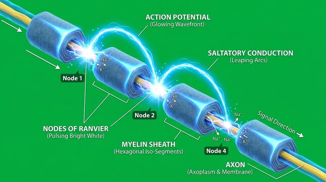 Detailed illustration of myelinated nerve fiber with nodes of ranvier and action potential