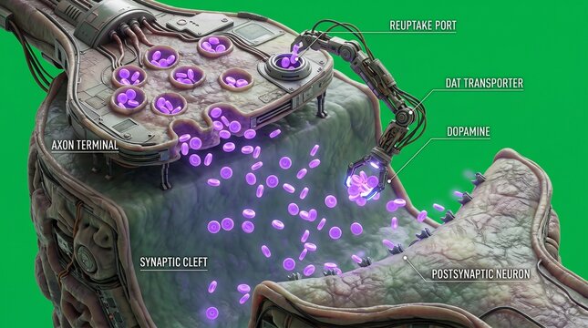 A detailed illustration of a neuron with labeled parts releasing dopamine on green background