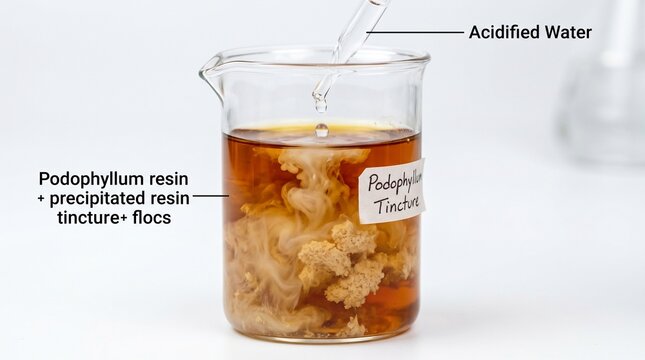 Beaker of podophyllum tincture with acidified water and resin precipitate