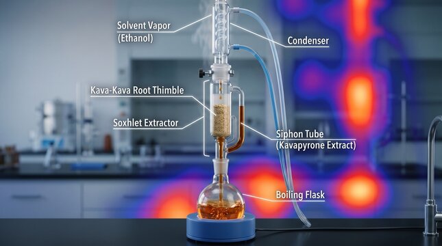 A laboratory setup for extracting kavapyrones from kavakava roots using a soxhlet extractor with labeled components
