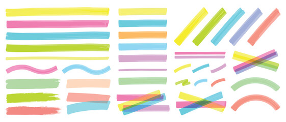Fototapeta premium Pastel Highlighter Marker Brush Strokes Vector Set with Transparent Lines and Crossing Stripes for Text Highlight Design 