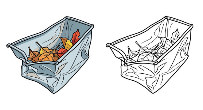 Bag filled with colorful autumn leaves beside empty bag  