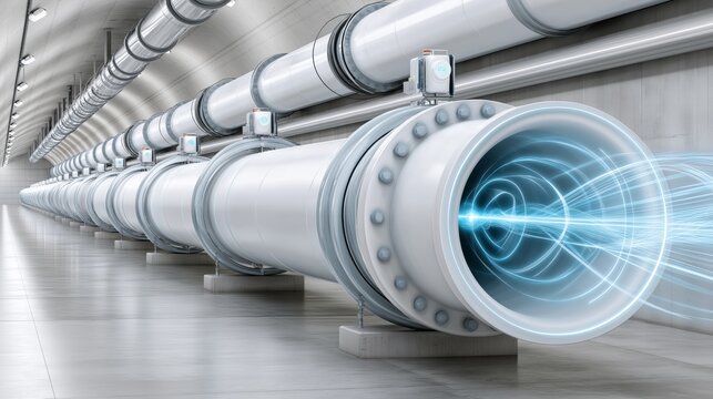 High tech particle accelerator tunnel with glowing plasma inside large connected metallic tubes for scientific research and advanced physics experiments