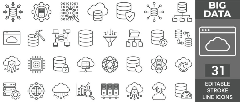 Big Data icon set. Editable line icons. Vector illustration.