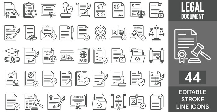 Legal documents icon set. Editable line icons. Vector illustration.