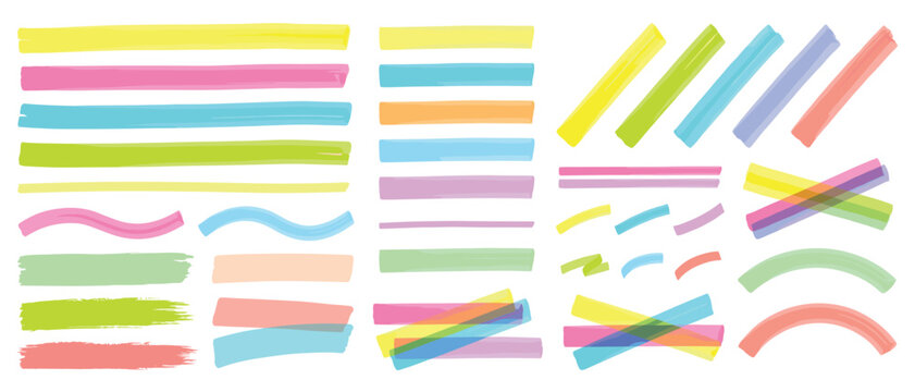 Pastel Highlighter Marker Brush Strokes Vector Set with Transparent Lines and Crossing Stripes for Text Highlight Design
